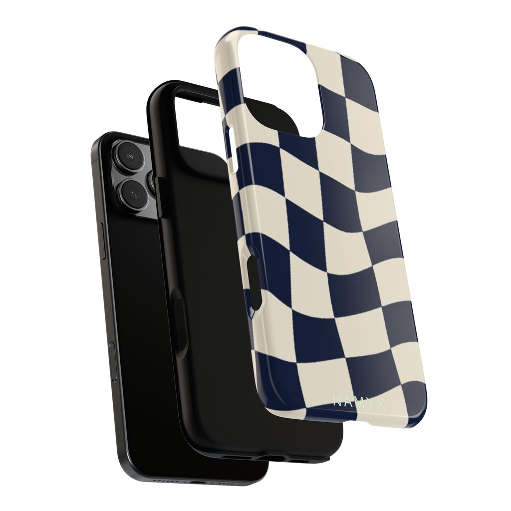 Wavy Checkered Phone Case – Retro Navy Racing Pattern Tough Case