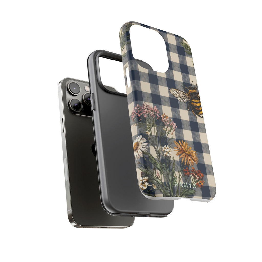 Bee & Wildflower Plaid Phone Case — Navy Buffalo Check Floral iPhone Cover