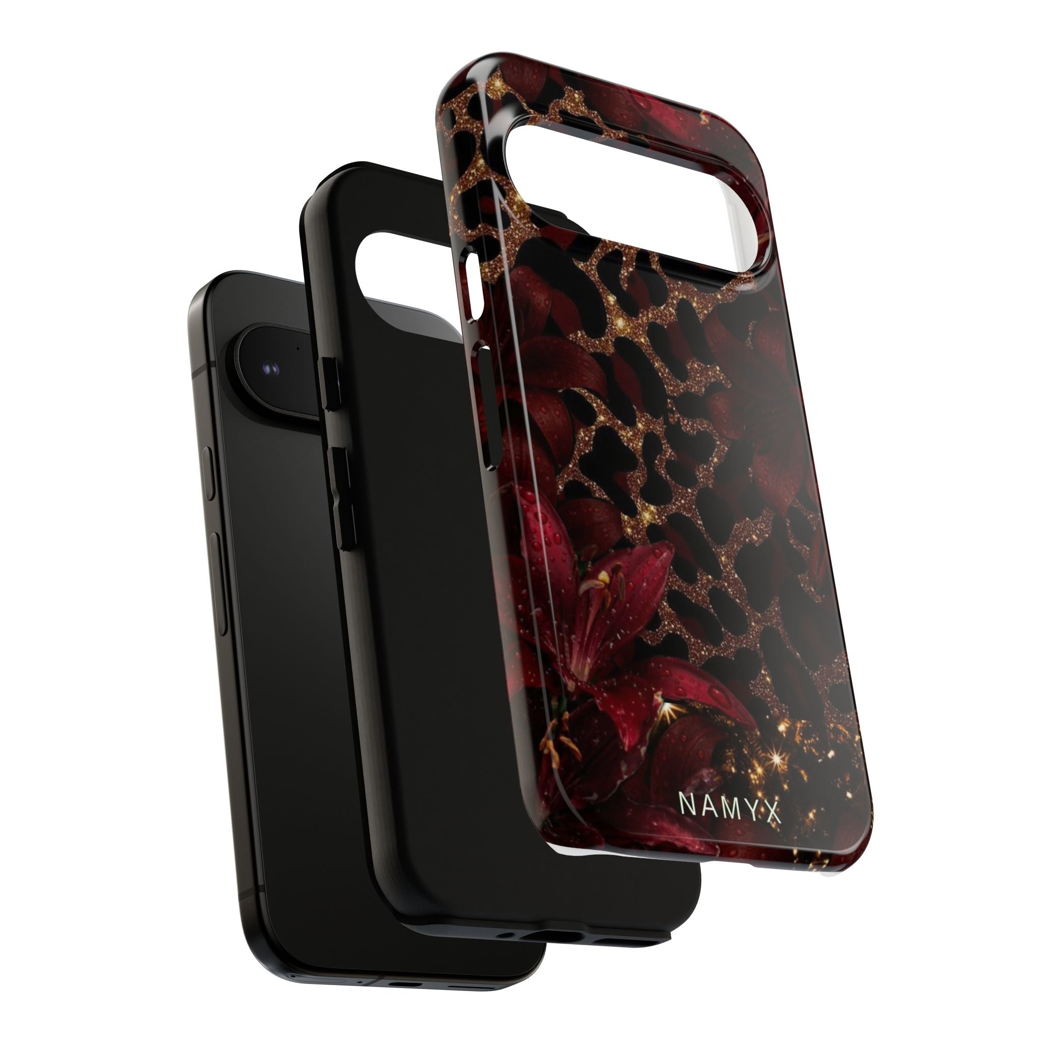 Protective Phone Case — Burgundy Floral & Gold Leopard Print Tough Case