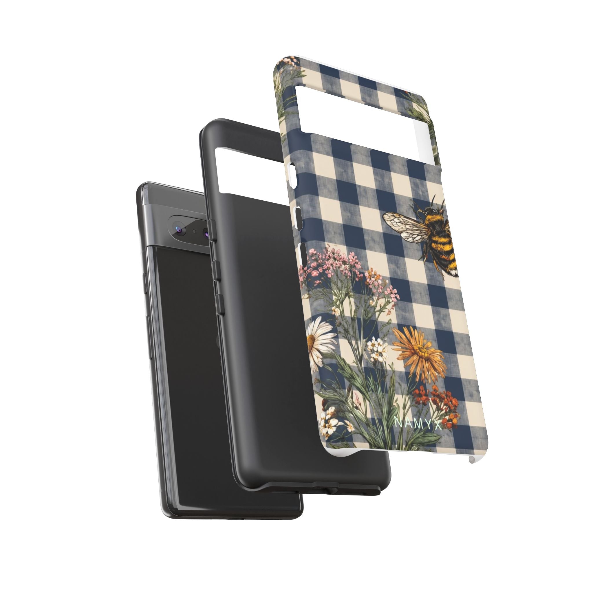 Bee & Wildflower Plaid Phone Case — Navy Buffalo Check Floral iPhone Cover