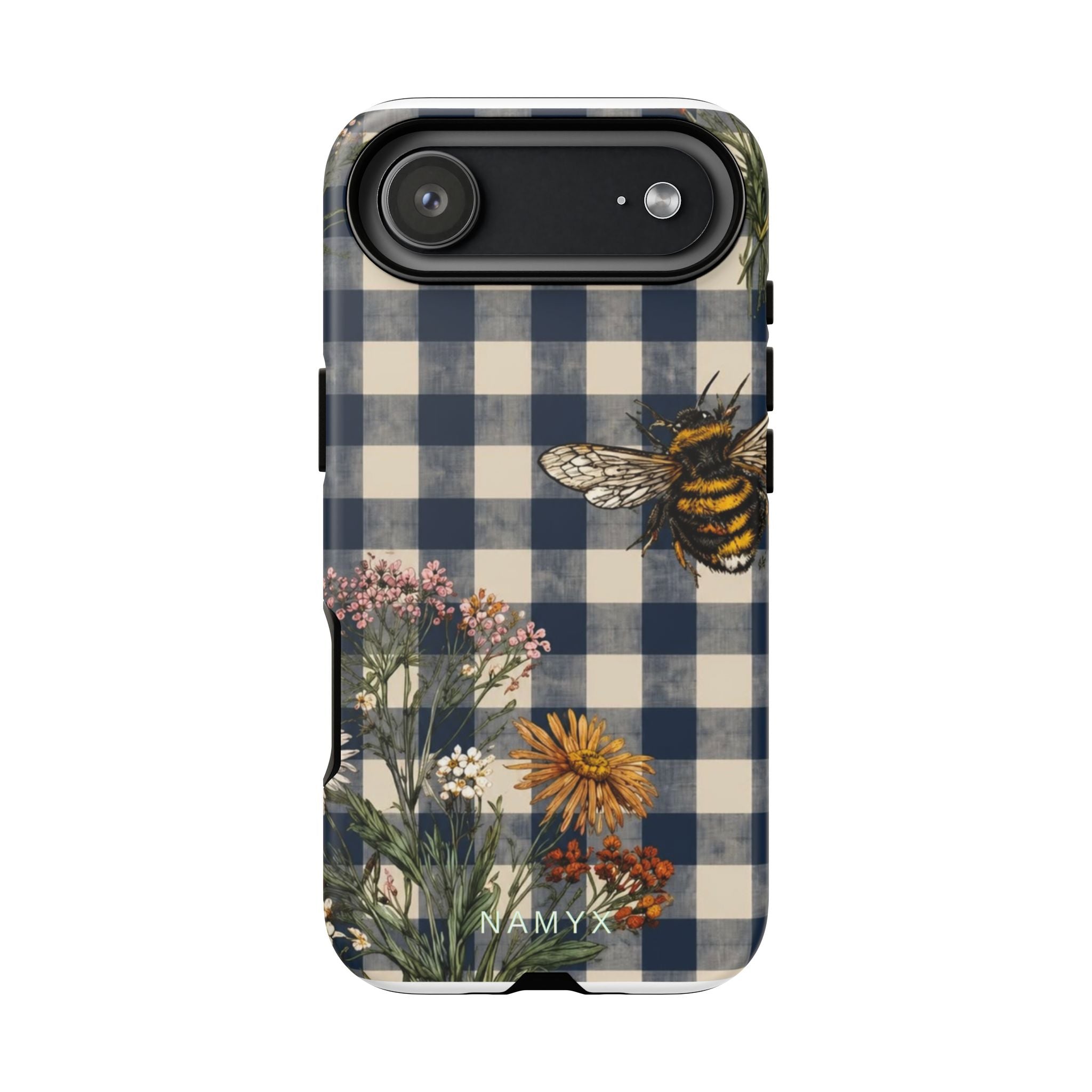 Bee & Wildflower Plaid Phone Case — Navy Buffalo Check Floral iPhone Cover