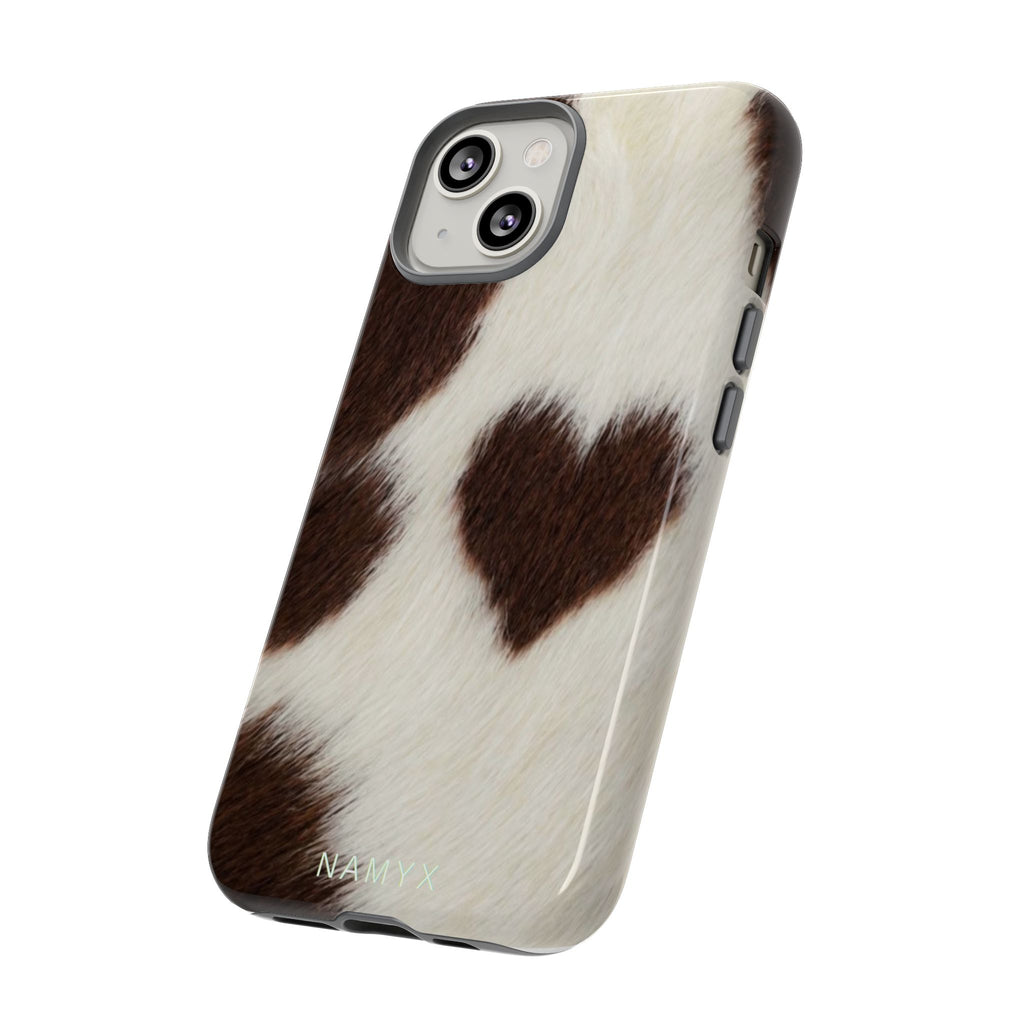 Cowhide Heart Phone Case — Cute Cow Print Protective iPhone Cover