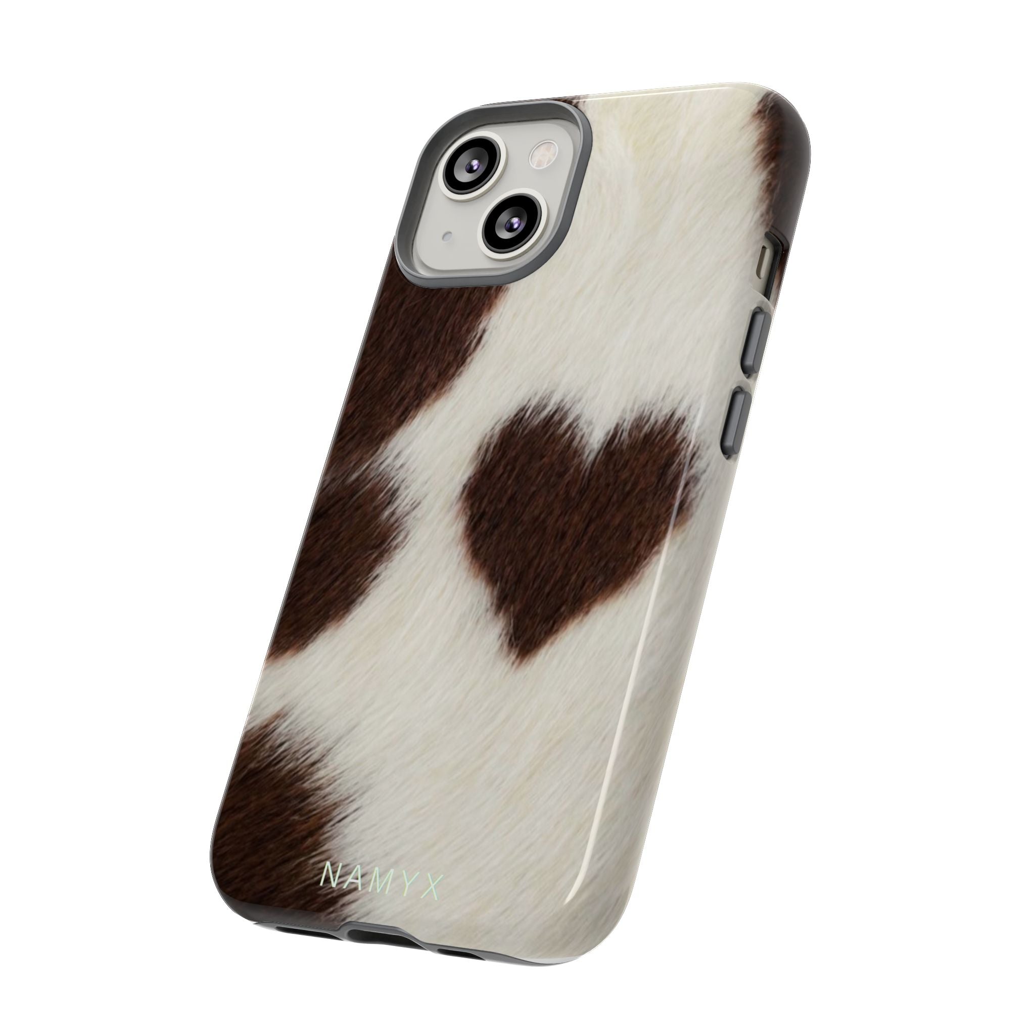 Cowhide Heart Phone Case — Cute Cow Print Protective iPhone Cover