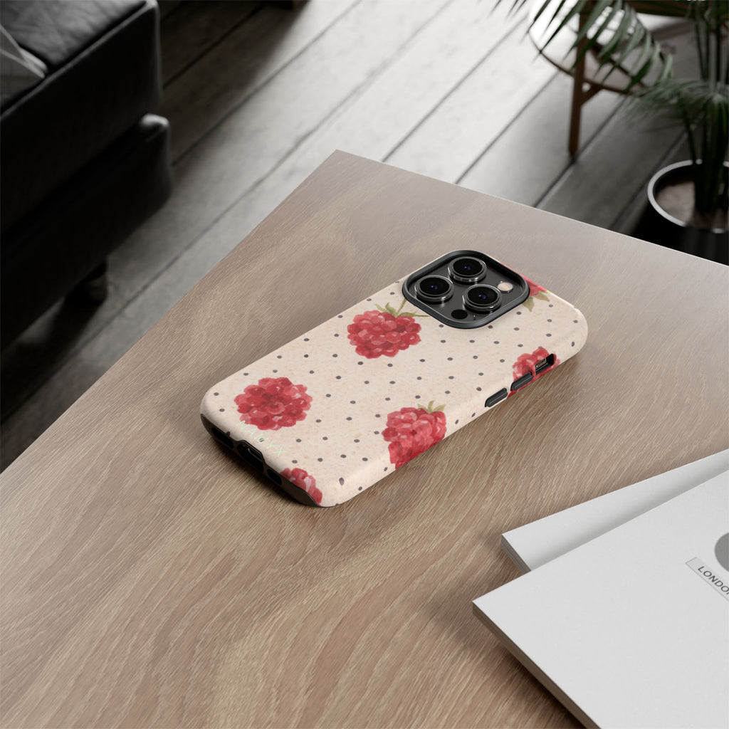 Raspberry Dotted Tough Phone Case — Vintage Floral Protective Cover