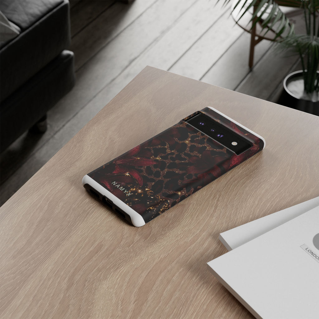 Protective Phone Case — Burgundy Floral & Gold Leopard Print Tough Case