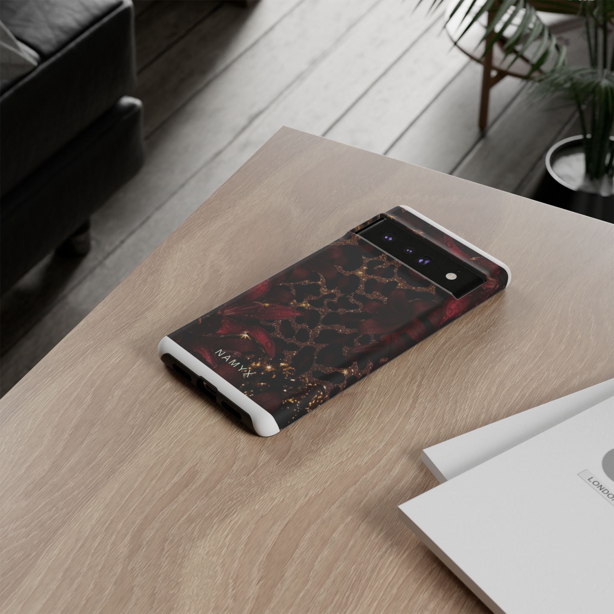 Protective Phone Case — Burgundy Floral & Gold Leopard Print Tough Case