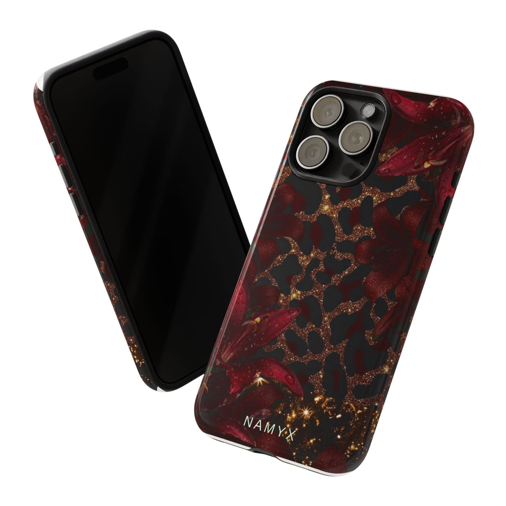 Protective Phone Case — Burgundy Floral & Gold Leopard Print Tough Case