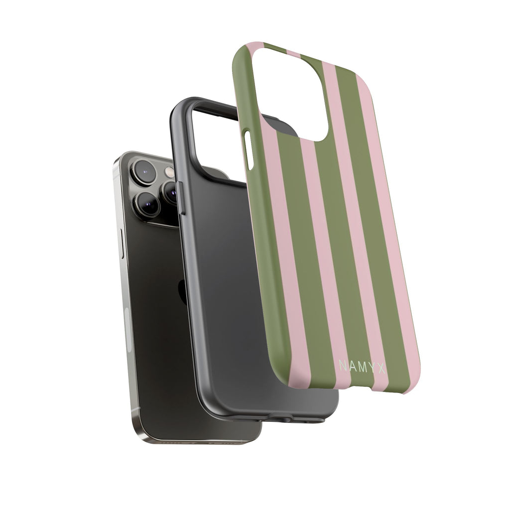 Striped Olive & Blush Tough Phone Case — Durable Protective Phone Cover