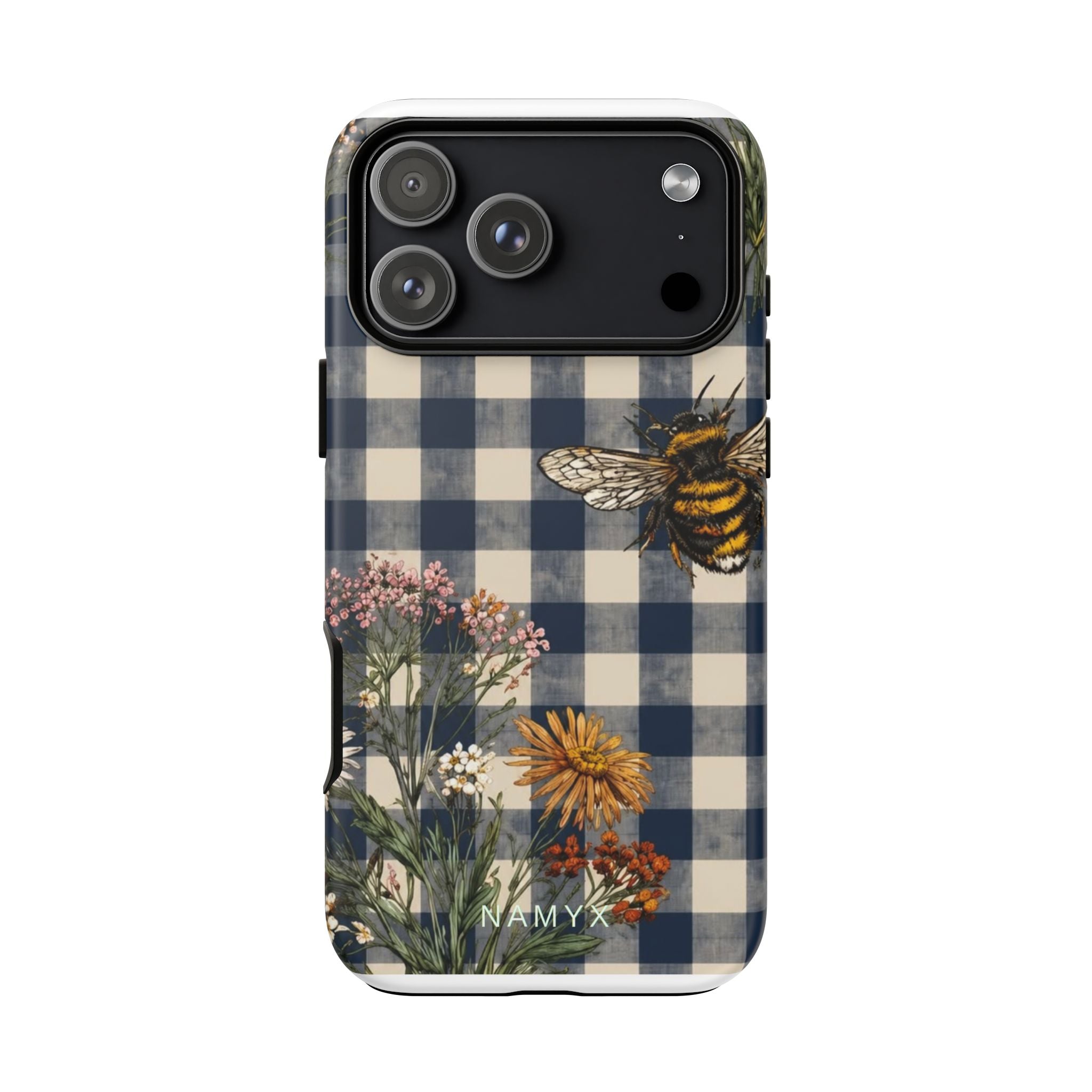 Bee & Wildflower Plaid Phone Case — Navy Buffalo Check Floral iPhone Cover