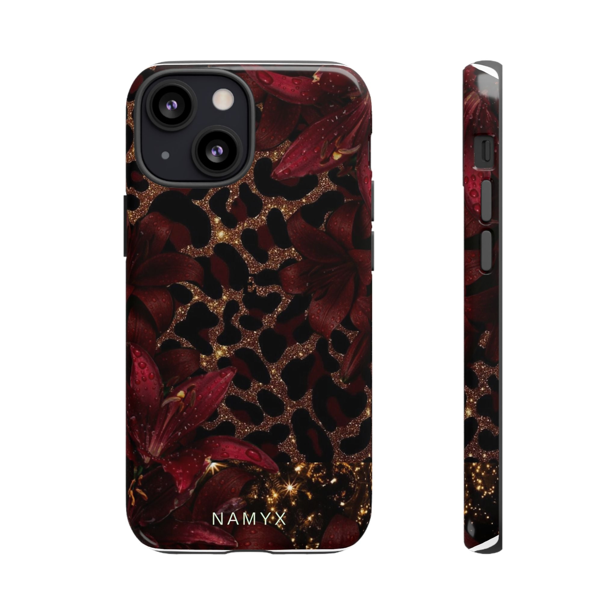 Protective Phone Case — Burgundy Floral & Gold Leopard Print Tough Case
