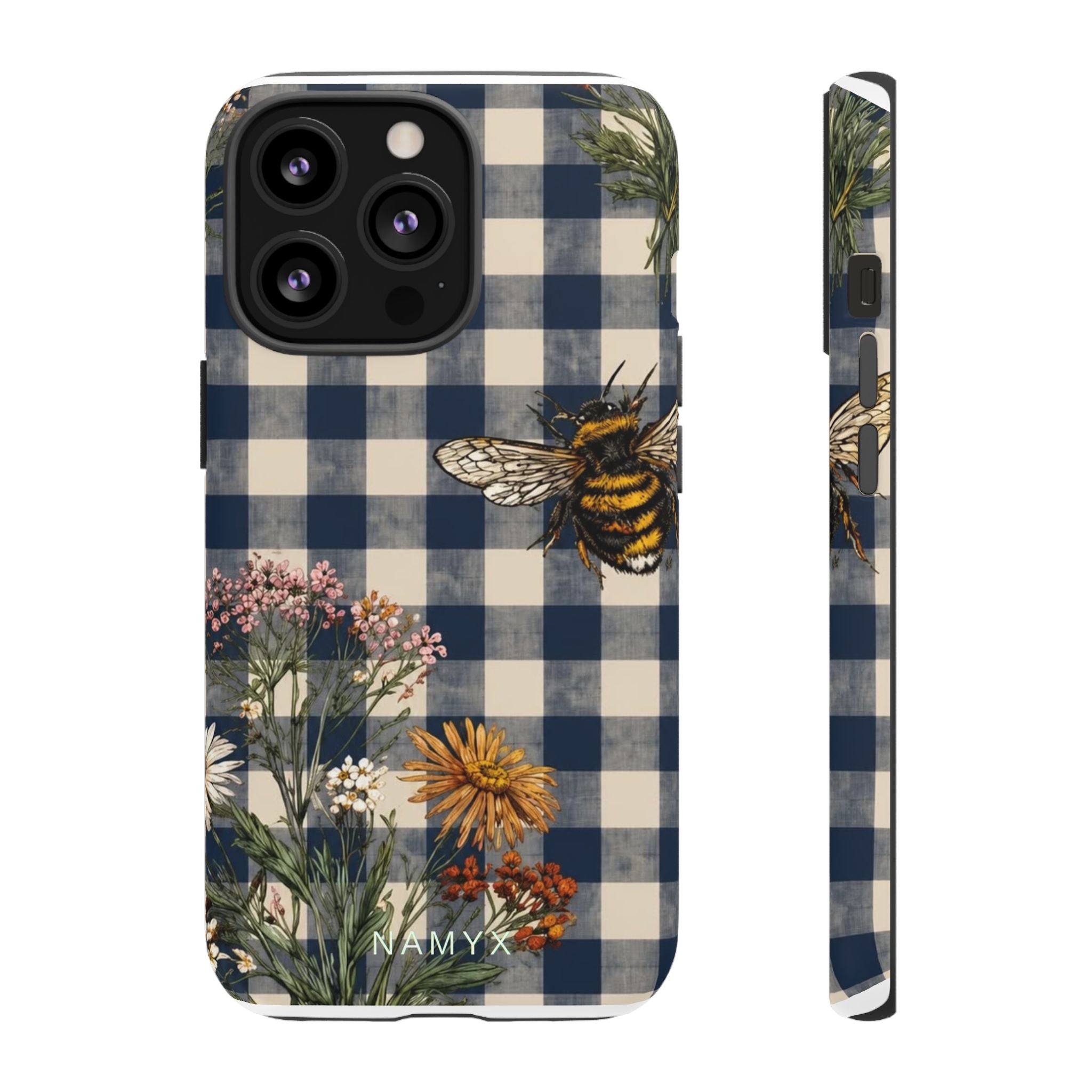 Bee & Wildflower Plaid Phone Case — Navy Buffalo Check Floral iPhone Cover