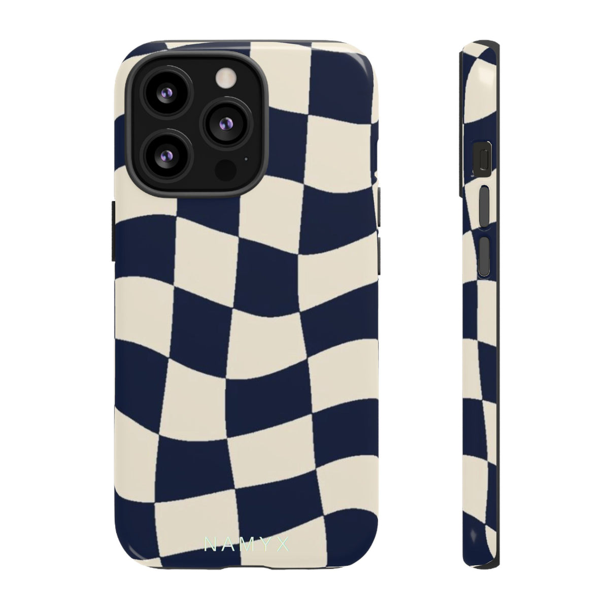 Wavy Checkered Phone Case – Retro Navy Racing Pattern Tough Case