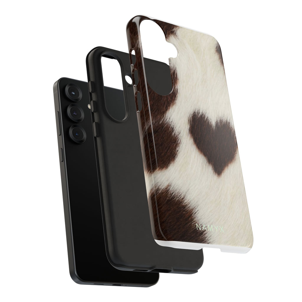 Cowhide Heart Phone Case — Cute Cow Print Protective iPhone Cover