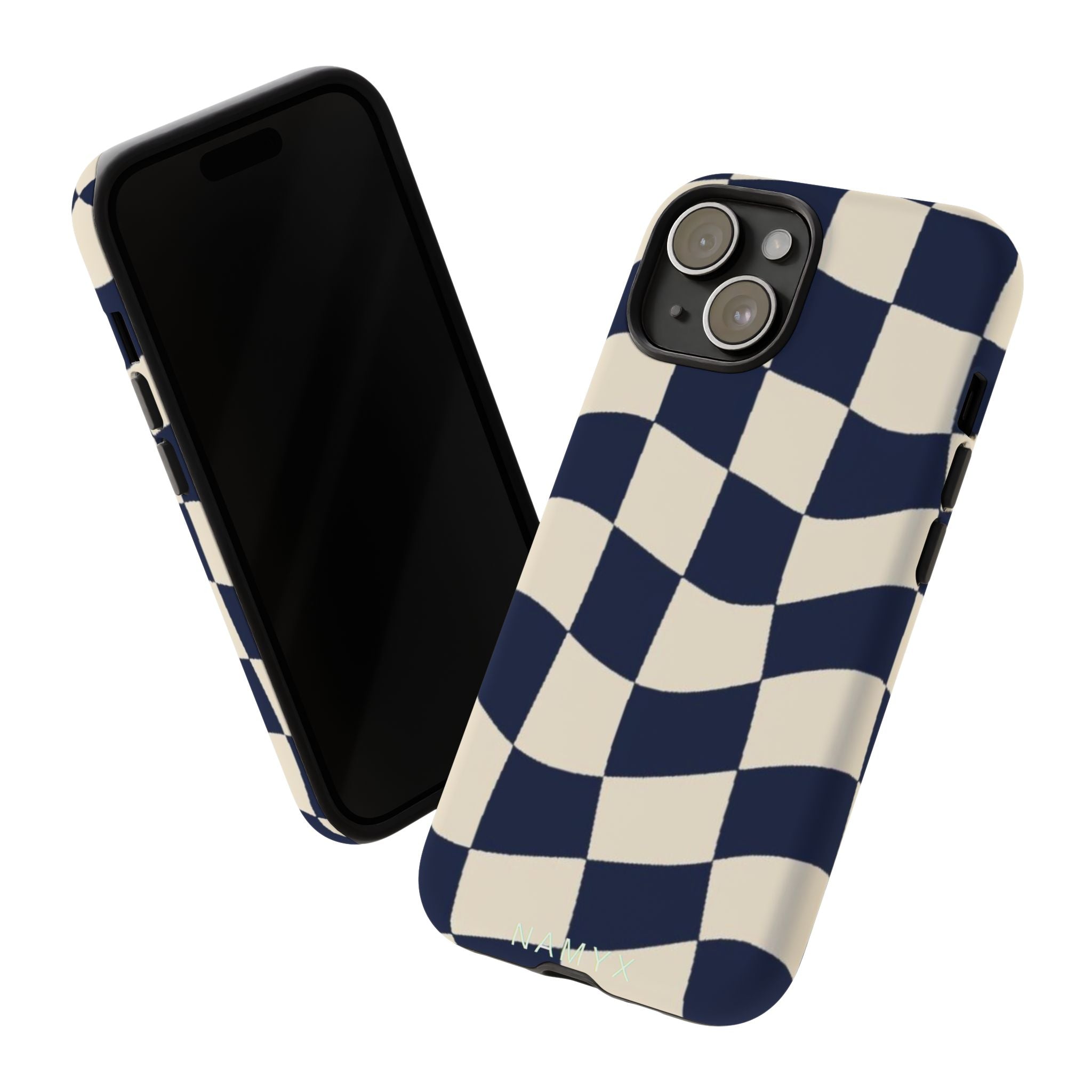 Wavy Checkered Phone Case – Retro Navy Racing Pattern Tough Case
