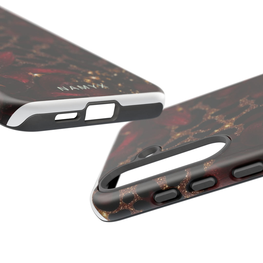 Protective Phone Case — Burgundy Floral & Gold Leopard Print Tough Case