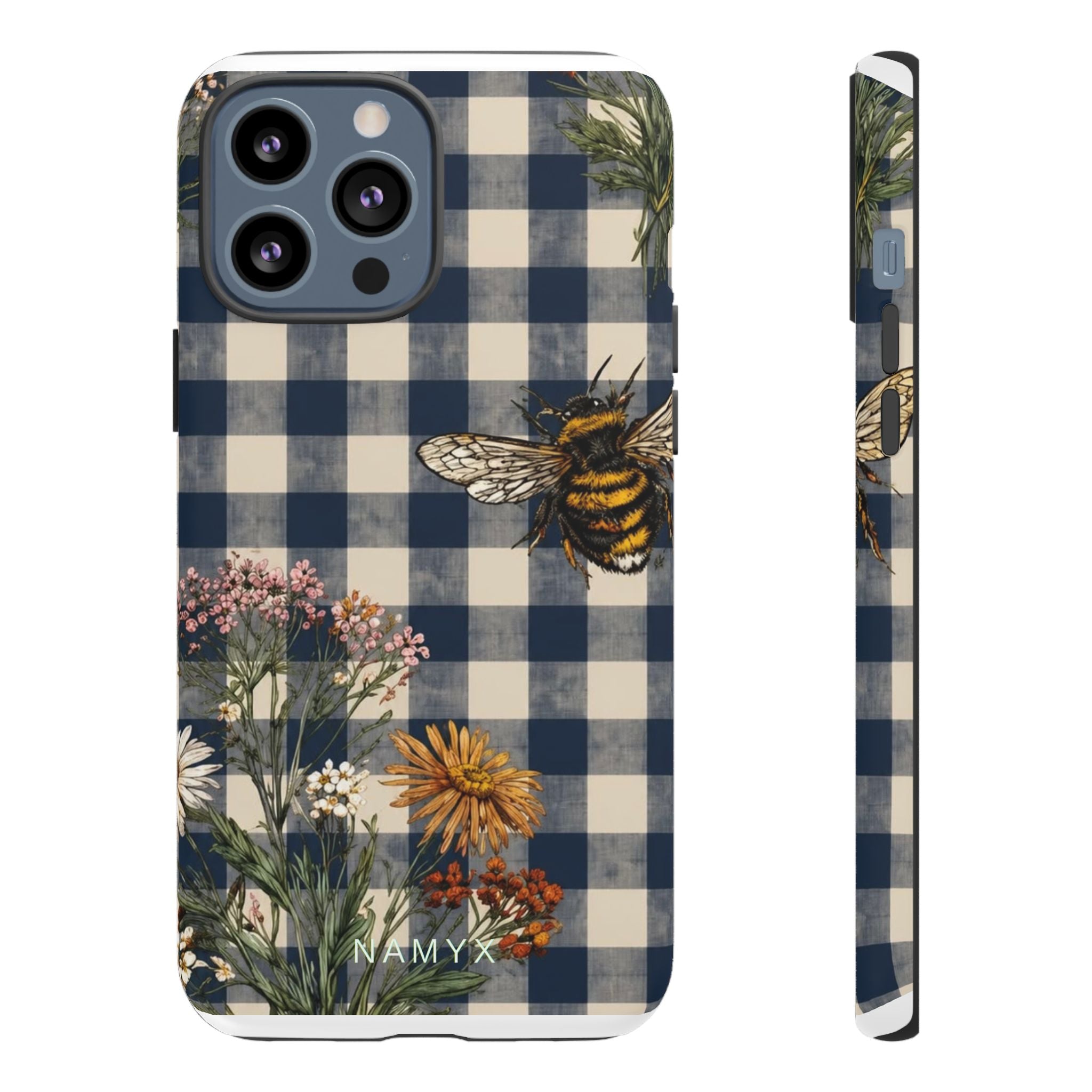 Bee & Wildflower Plaid Phone Case — Navy Buffalo Check Floral iPhone Cover