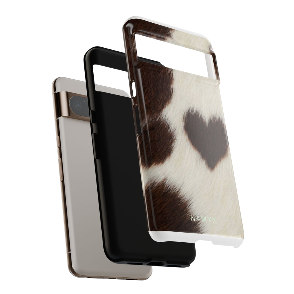 Cowhide Heart Phone Case — Cute Cow Print Protective iPhone Cover