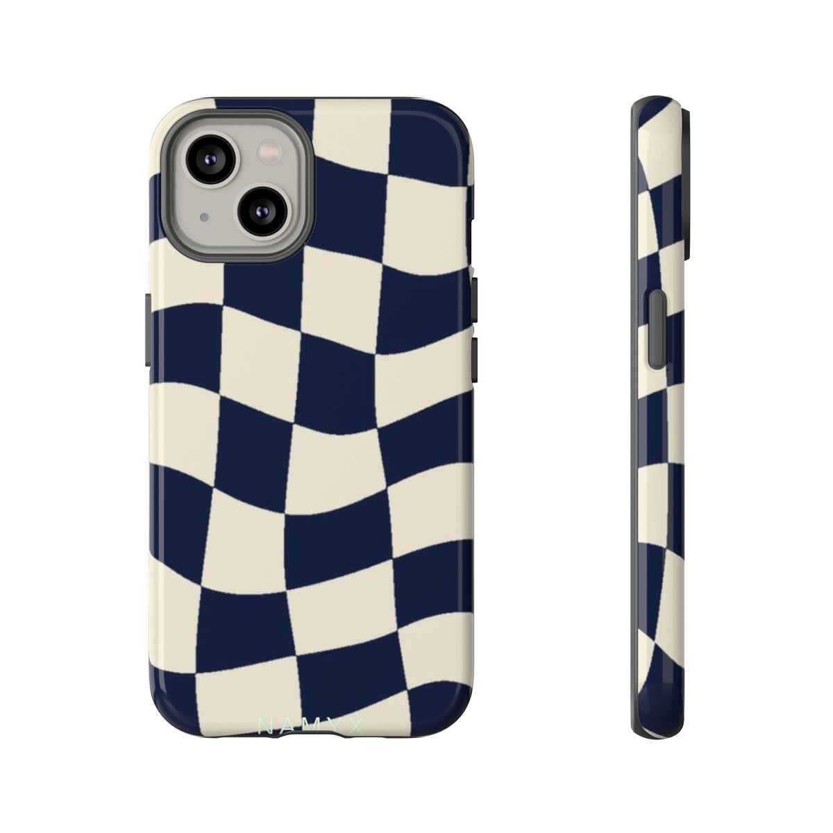 Wavy Checkered Phone Case – Retro Navy Racing Pattern Tough Case