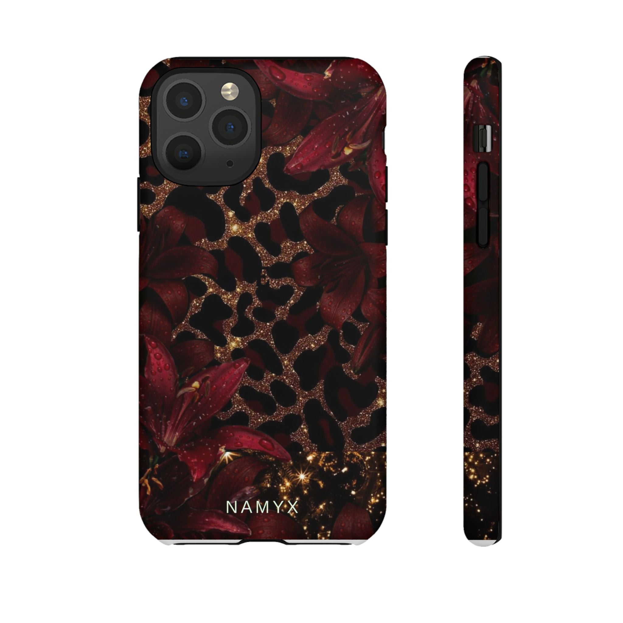 Protective Phone Case — Burgundy Floral & Gold Leopard Print Tough Case