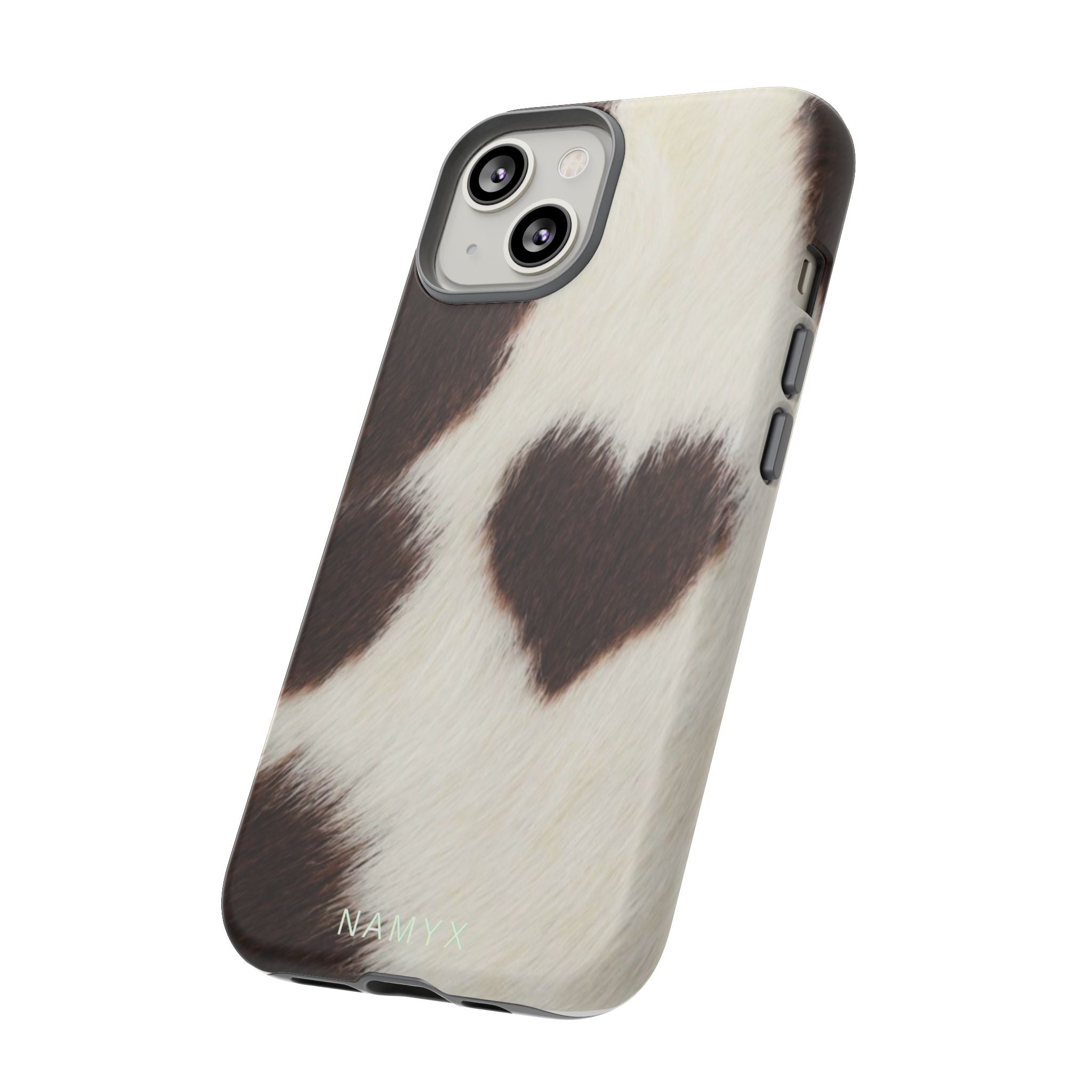 Cowhide Heart Phone Case — Cute Cow Print Protective iPhone Cover