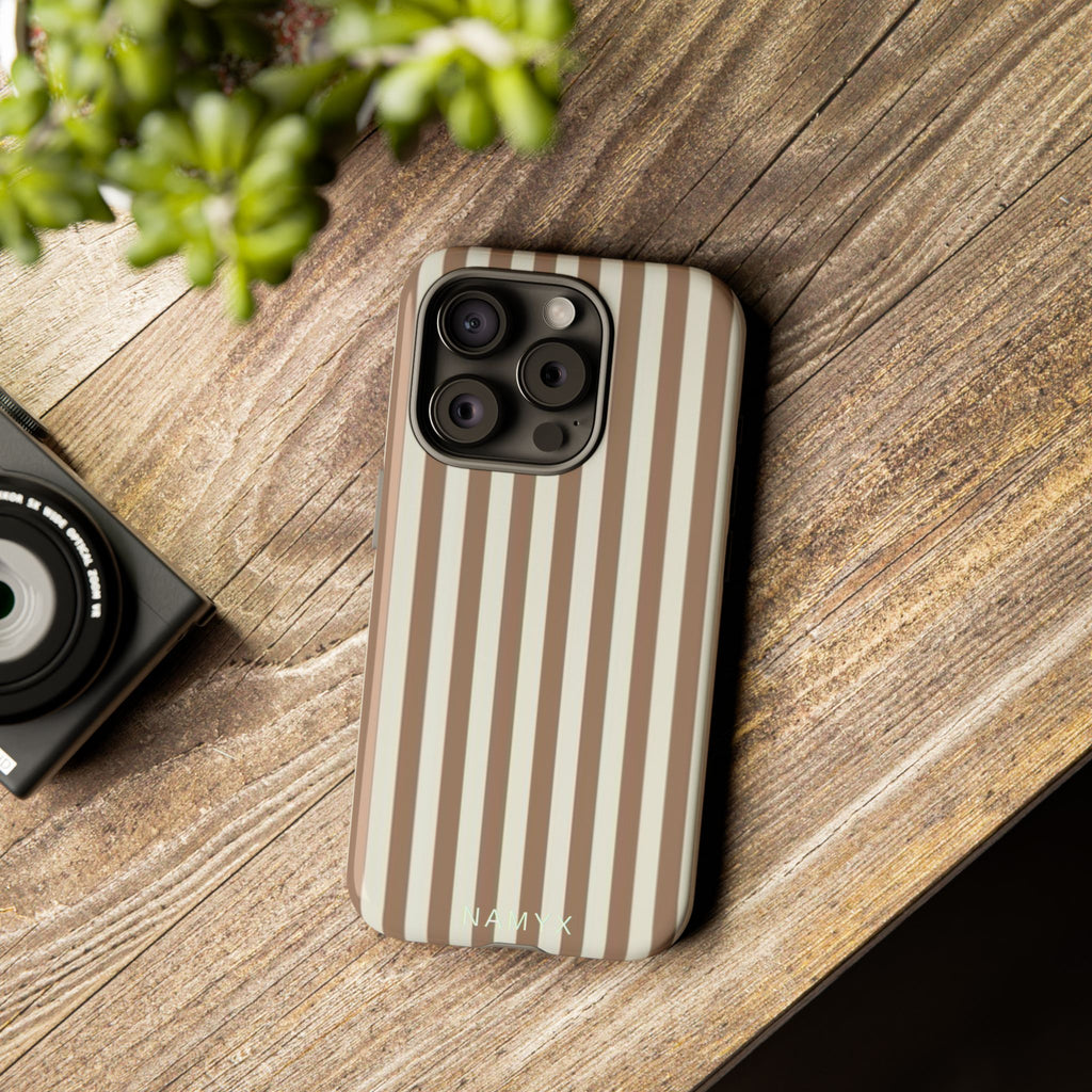 Striped Beige Phone Case — Classic Vertical Brown & Cream Stripe Tough Case