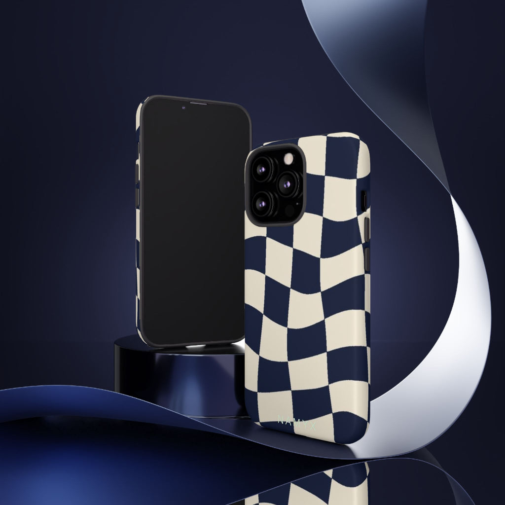 Wavy Checkered Phone Case – Retro Navy Racing Pattern Tough Case