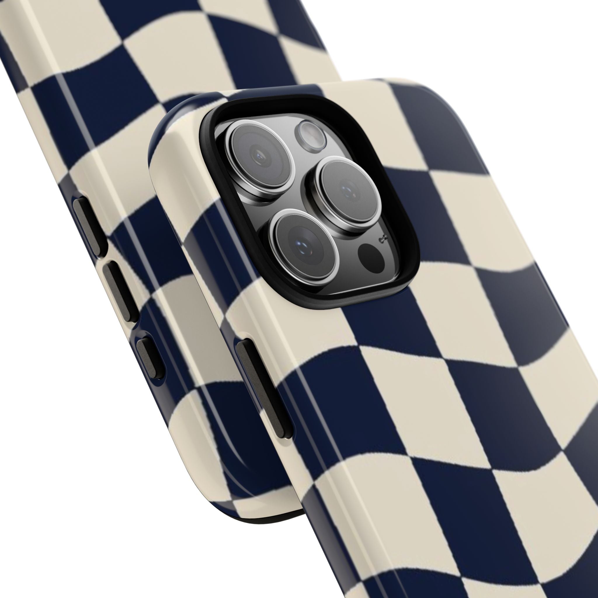 Wavy Checkered Phone Case – Retro Navy Racing Pattern Tough Case
