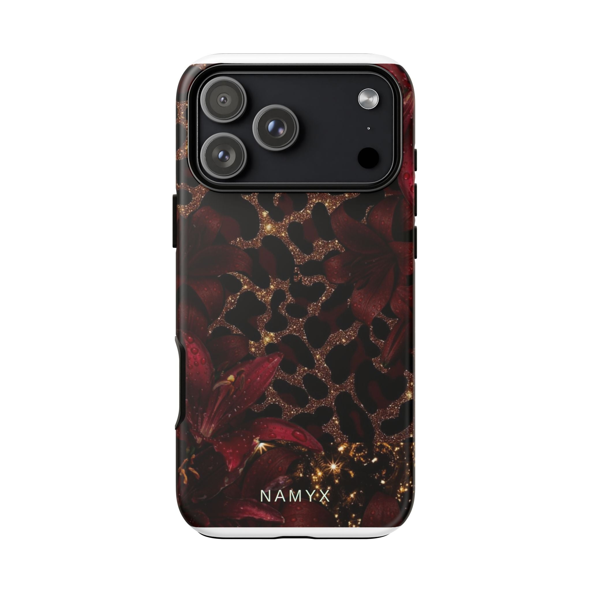 Protective Phone Case — Burgundy Floral & Gold Leopard Print Tough Case