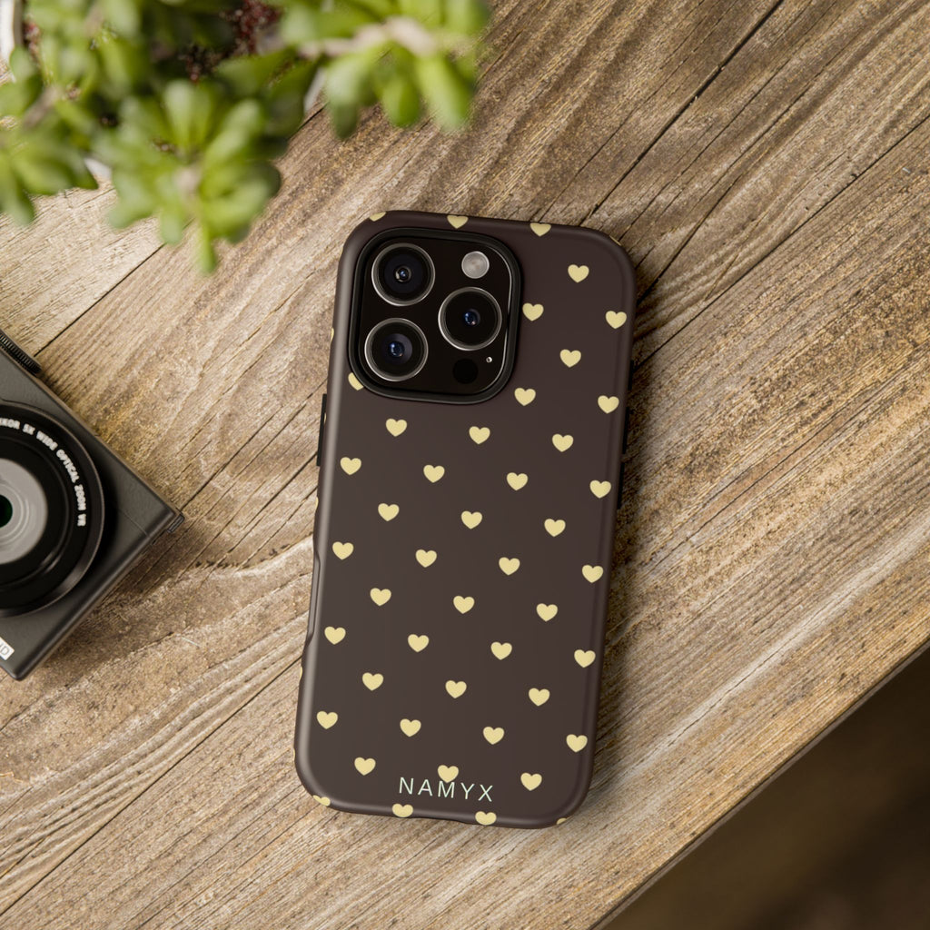 Tough Case — Brown Phone Case with Cream Heart Pattern