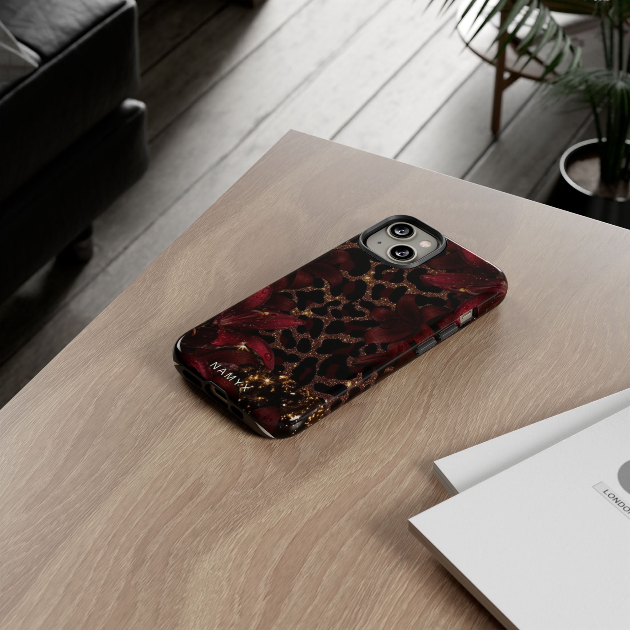 Protective Phone Case — Burgundy Floral & Gold Leopard Print Tough Case