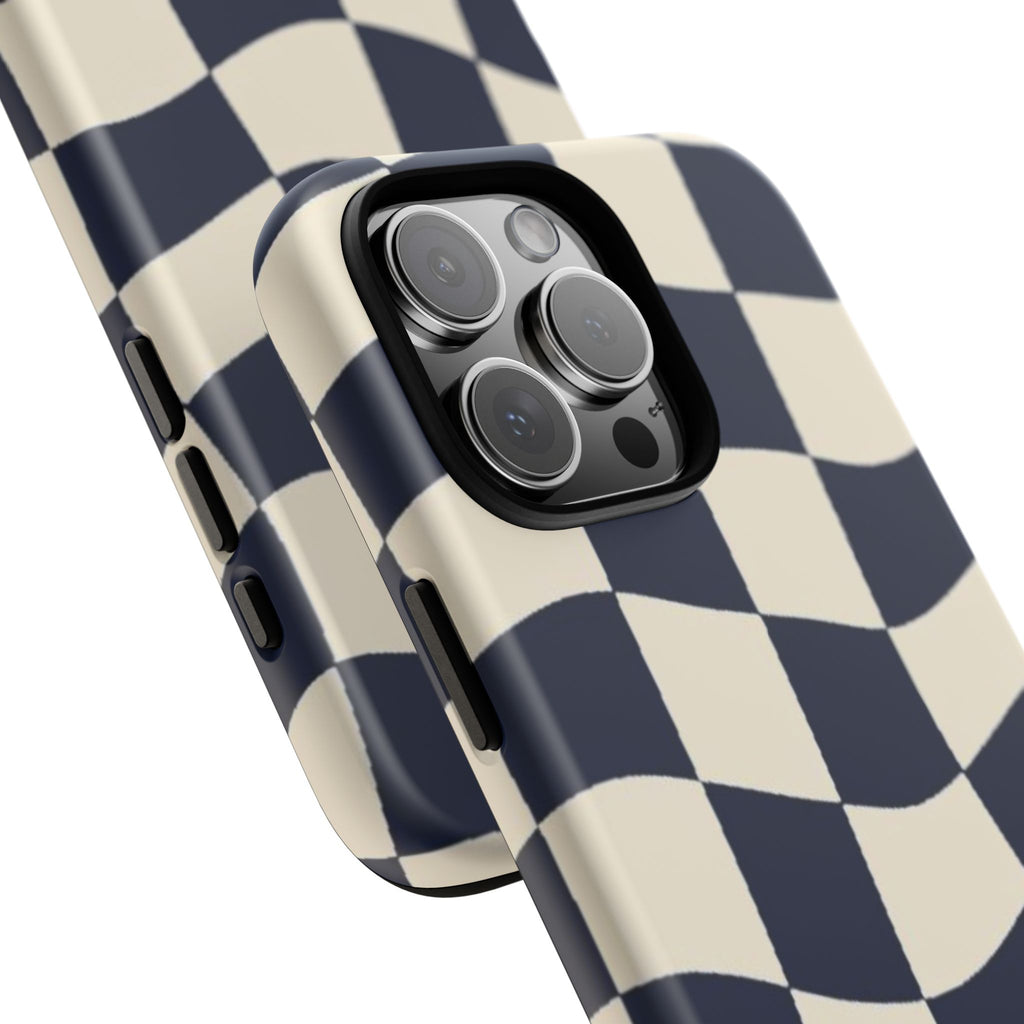 Wavy Checkered Phone Case – Retro Navy Racing Pattern Tough Case