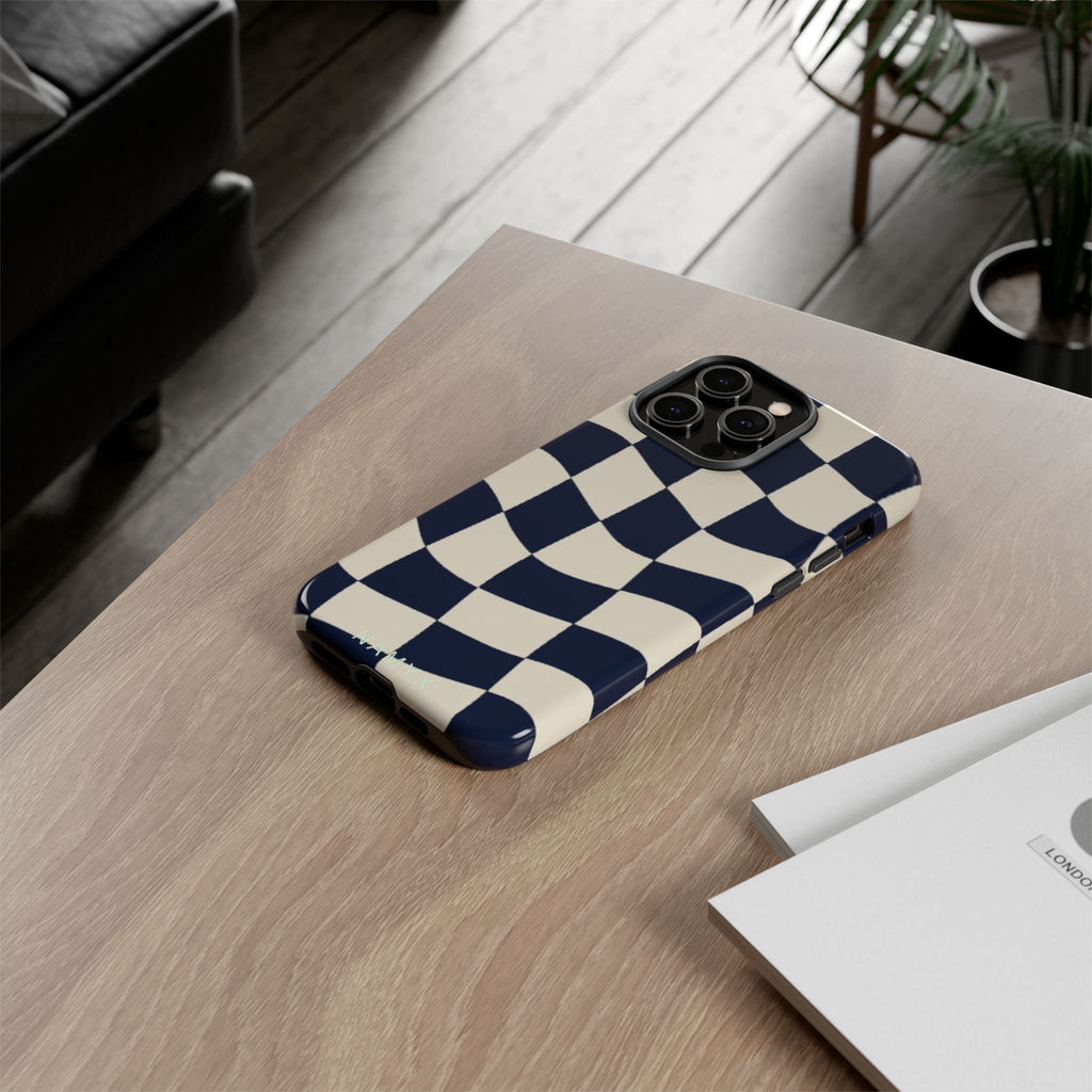 Wavy Checkered Phone Case – Retro Navy Racing Pattern Tough Case