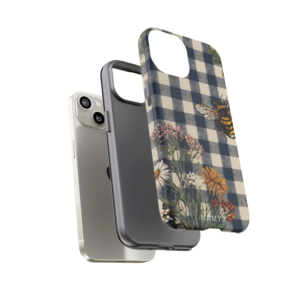 Bee & Wildflower Plaid Phone Case — Navy Buffalo Check Floral iPhone Cover