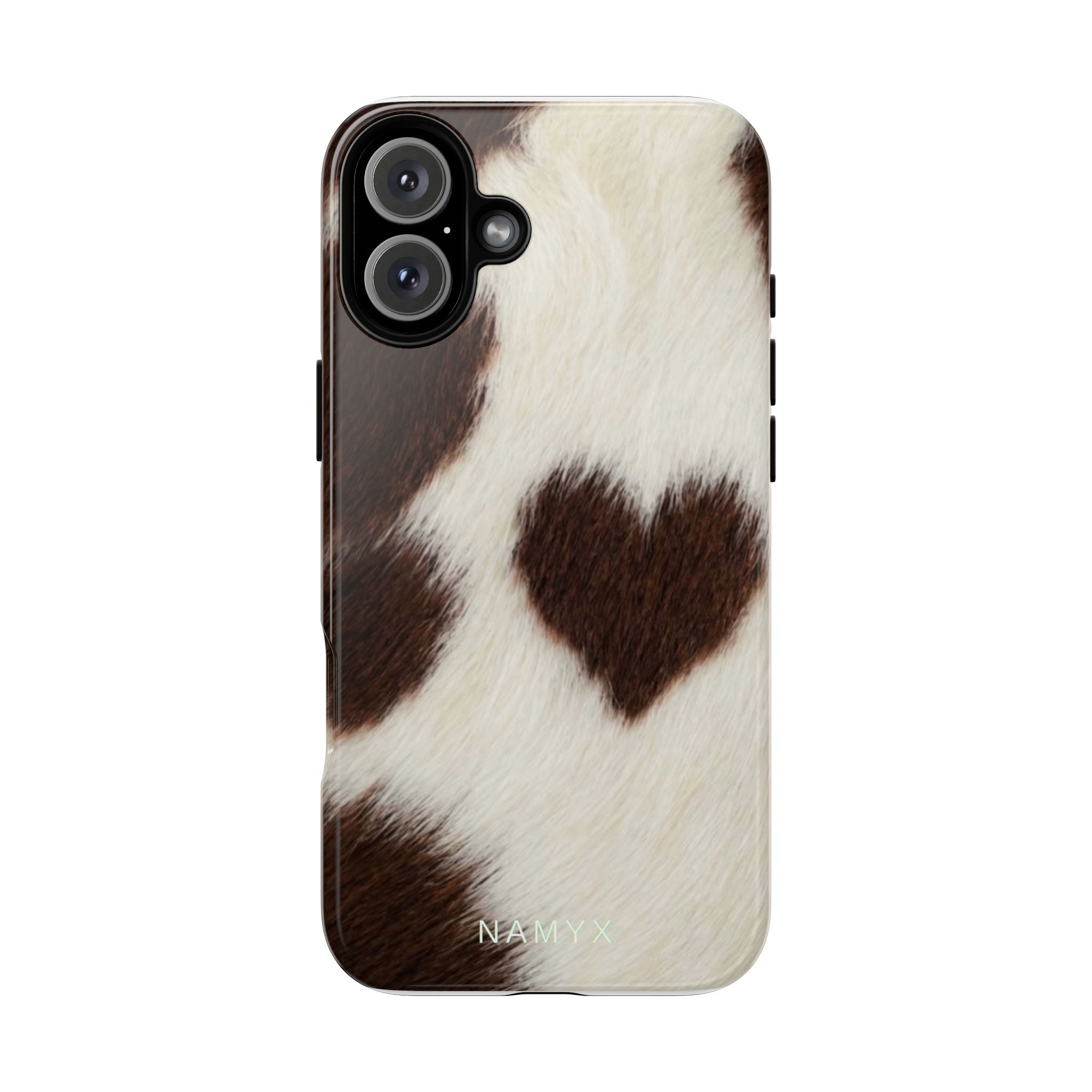 Cowhide Heart Phone Case — Cute Cow Print Protective iPhone Cover