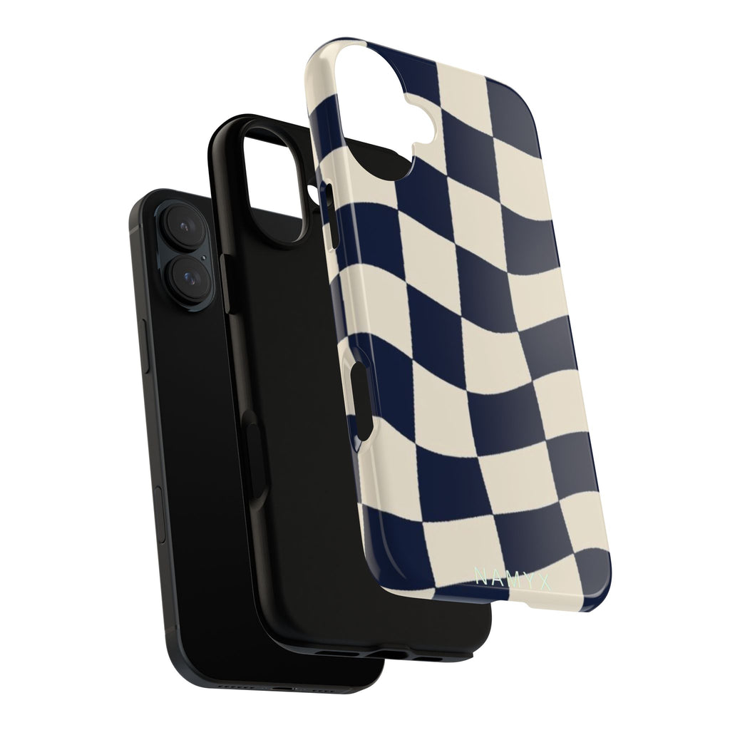 Wavy Checkered Phone Case – Retro Navy Racing Pattern Tough Case