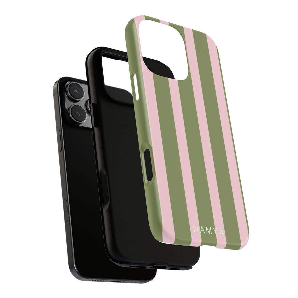 Striped Olive & Blush Tough Phone Case — Durable Protective Phone Cover
