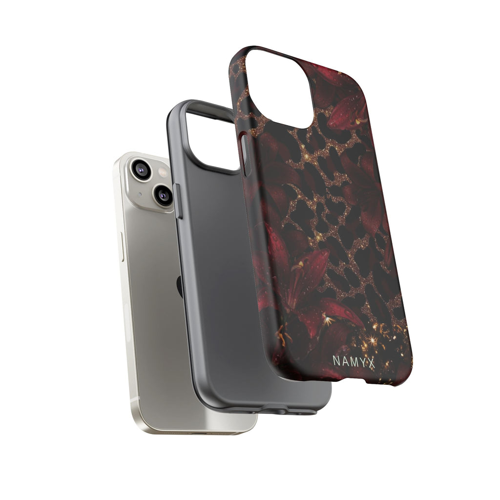 Protective Phone Case — Burgundy Floral & Gold Leopard Print Tough Case