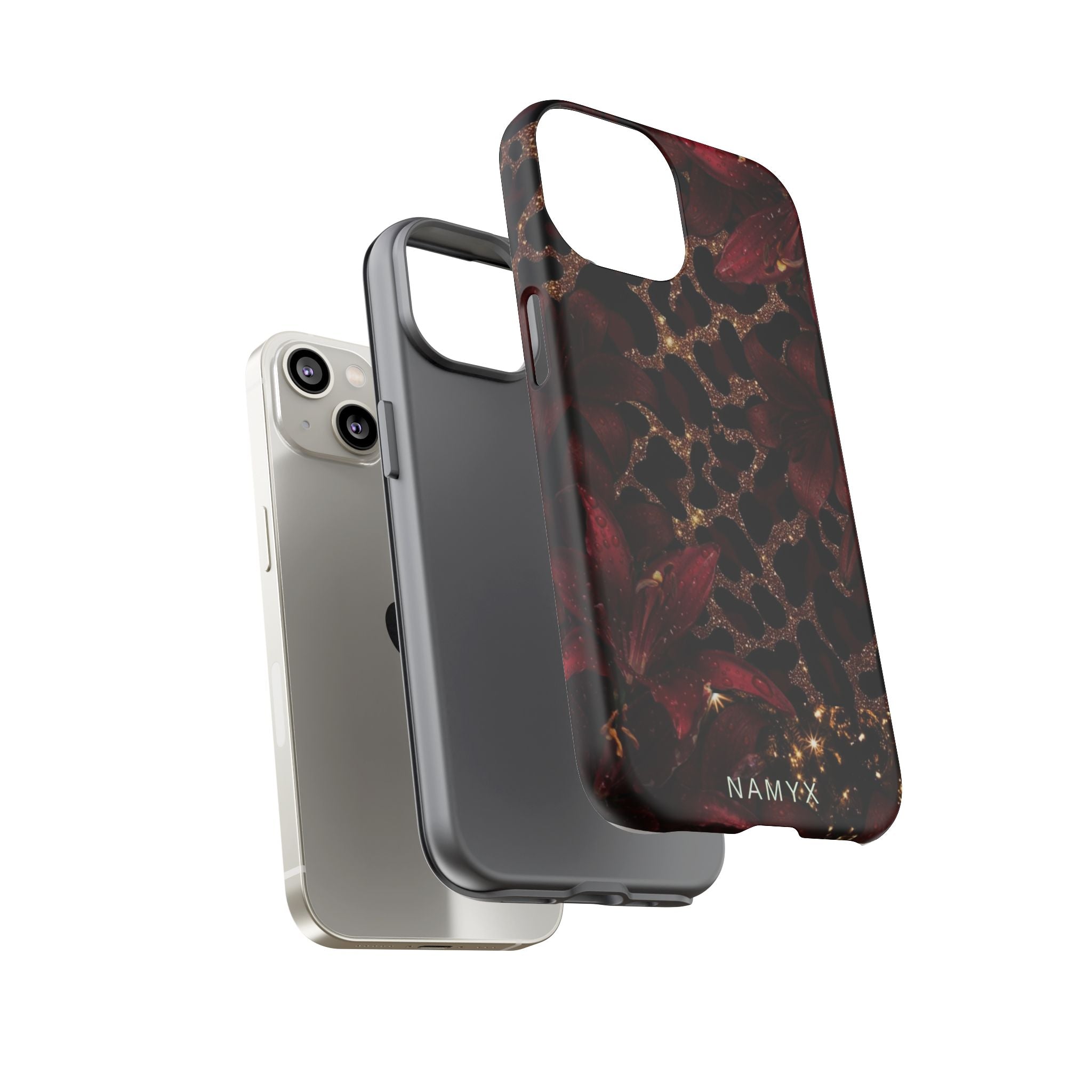 Protective Phone Case — Burgundy Floral & Gold Leopard Print Tough Case