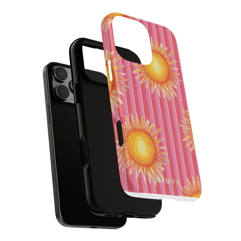 Sunburst Stripe Tough Phone Case — Bright Yellow Sun Pattern on Pink