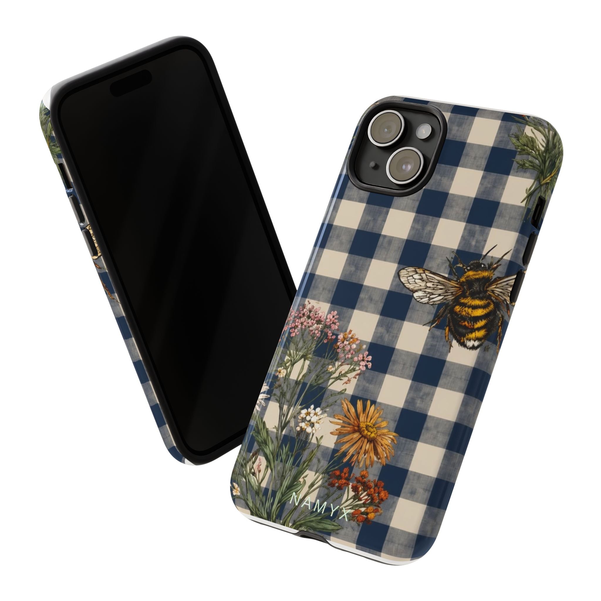 Bee & Wildflower Plaid Phone Case — Navy Buffalo Check Floral iPhone Cover