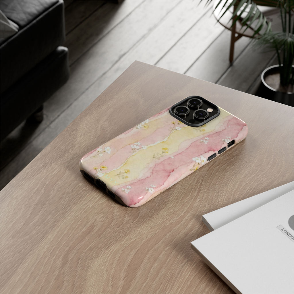 Floral Watercolor Tough Phone Case — Pink & Yellow Daisy Protective Cover