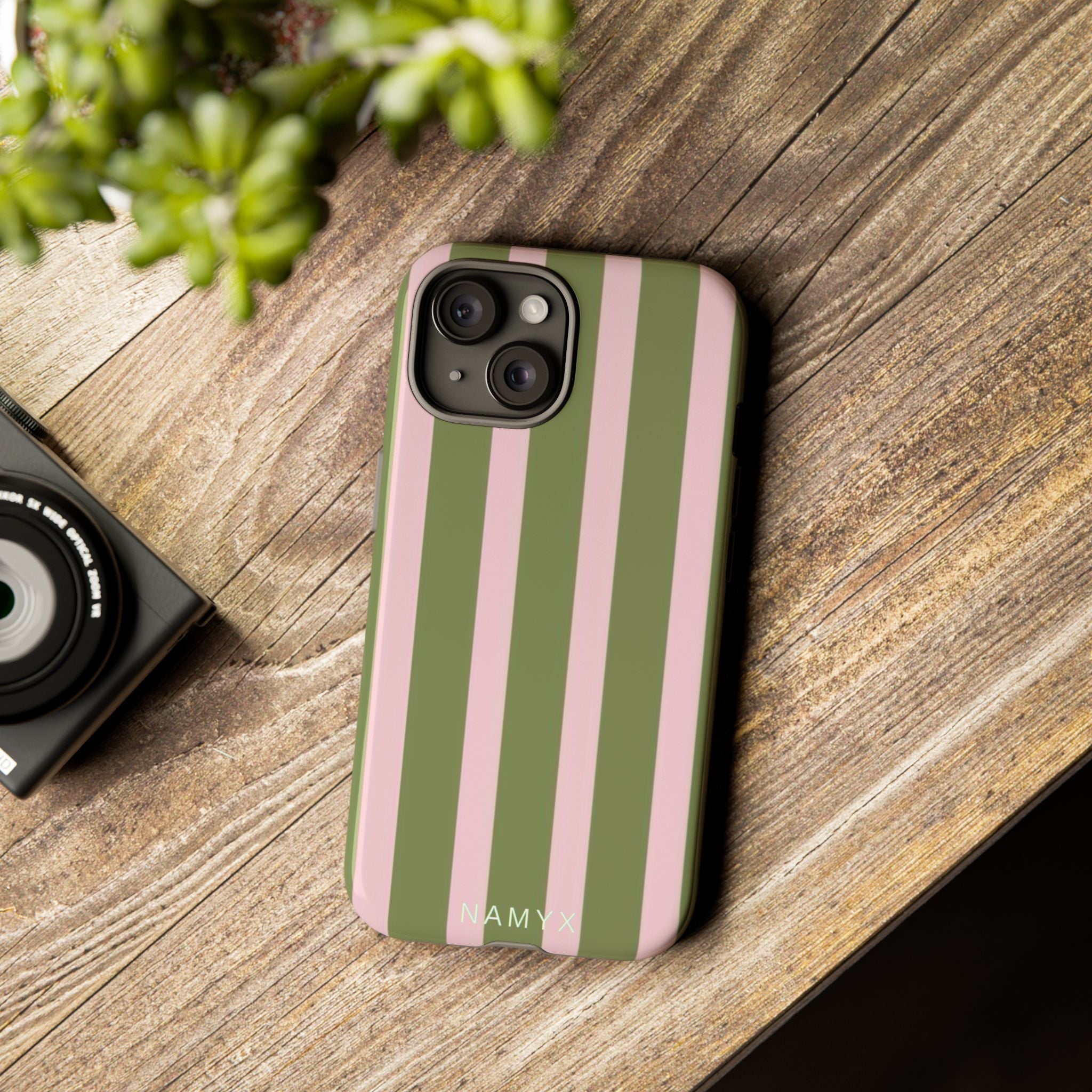 Striped Olive & Blush Tough Phone Case — Durable Protective Phone Cover