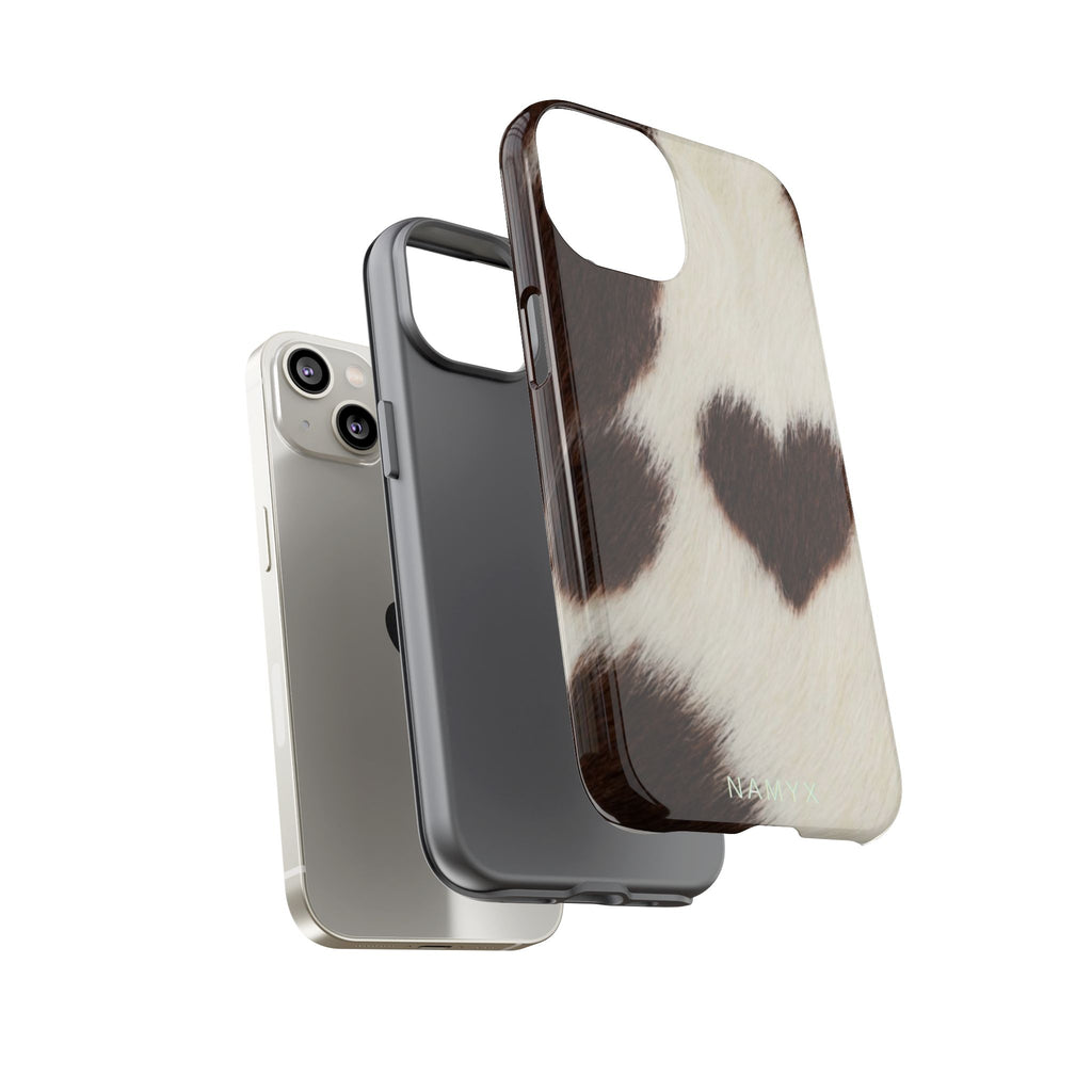 Cowhide Heart Phone Case — Cute Cow Print Protective iPhone Cover