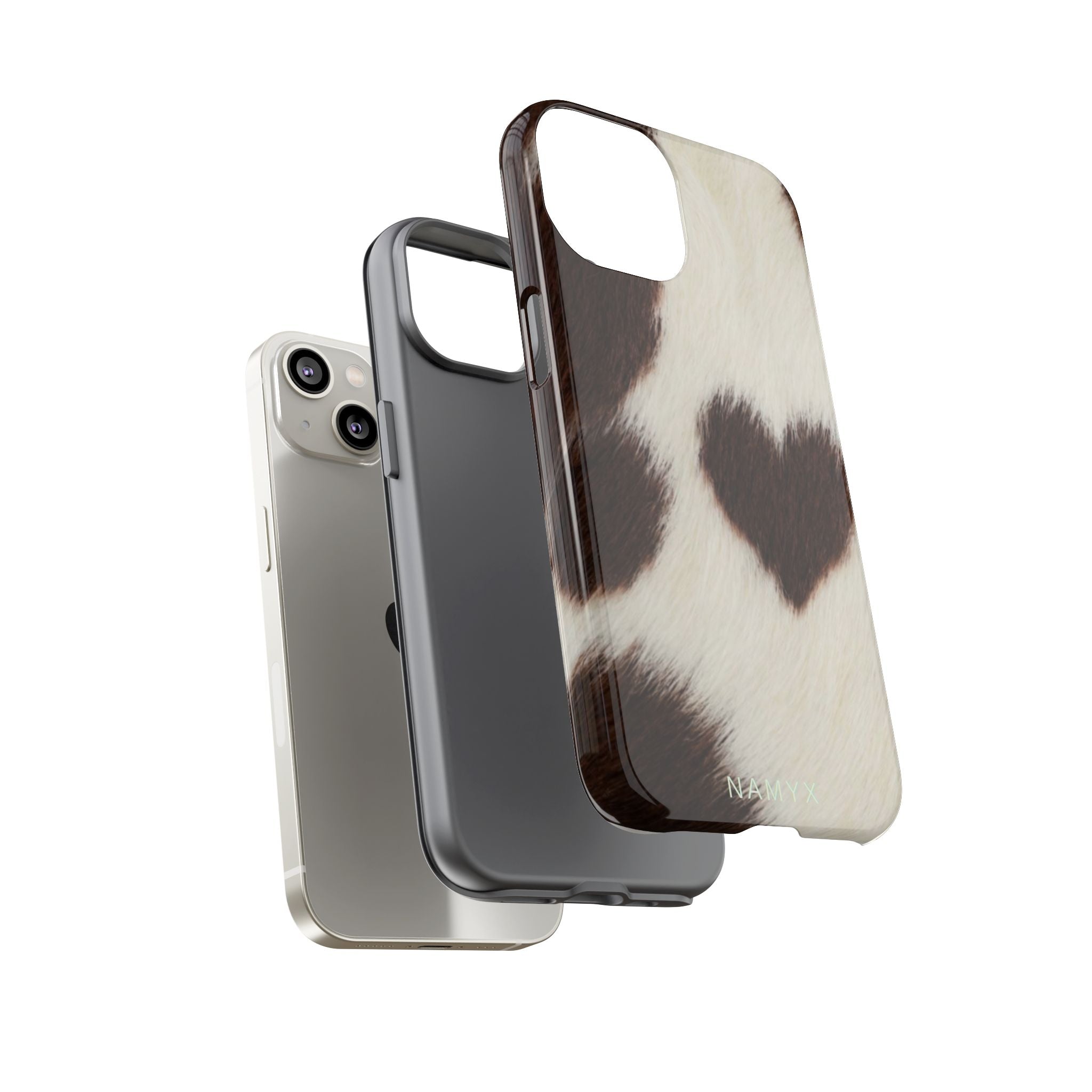 Cowhide Heart Phone Case — Cute Cow Print Protective iPhone Cover
