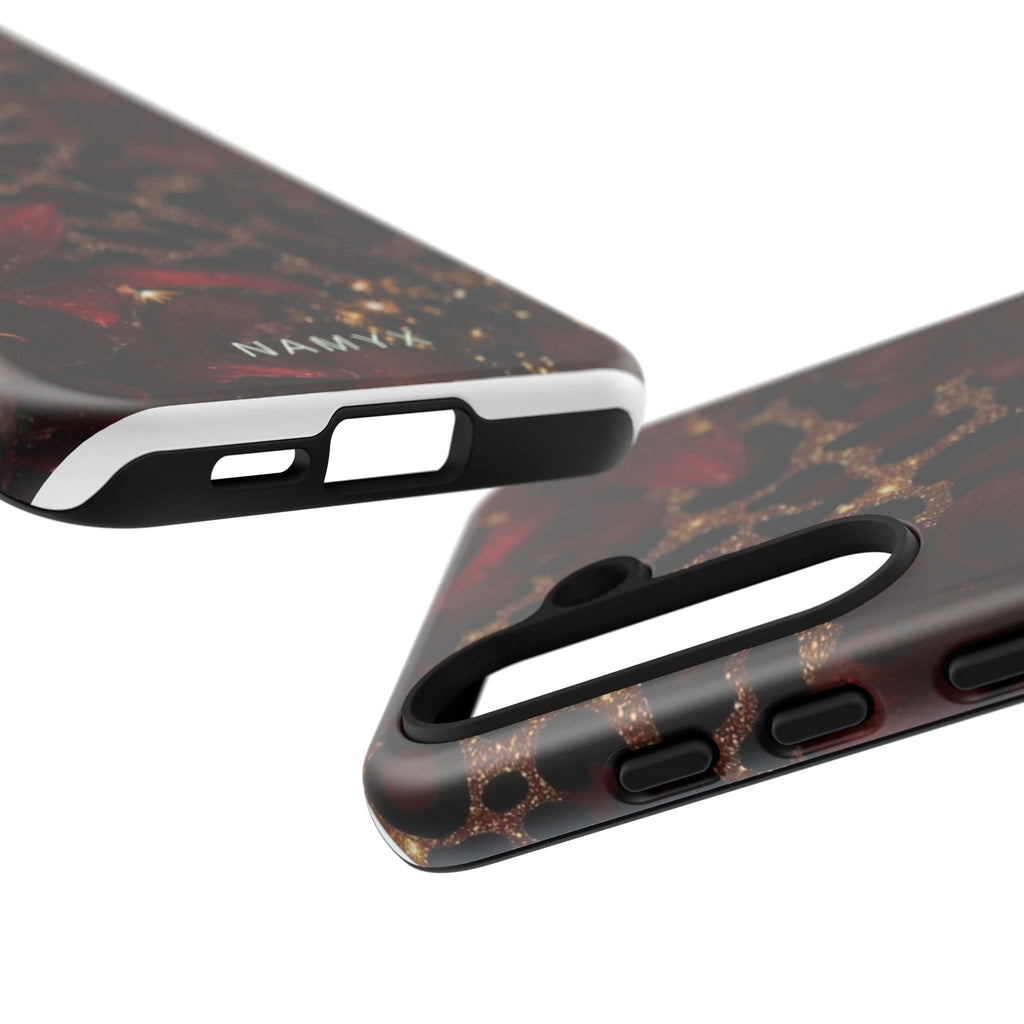 Protective Phone Case — Burgundy Floral & Gold Leopard Print Tough Case