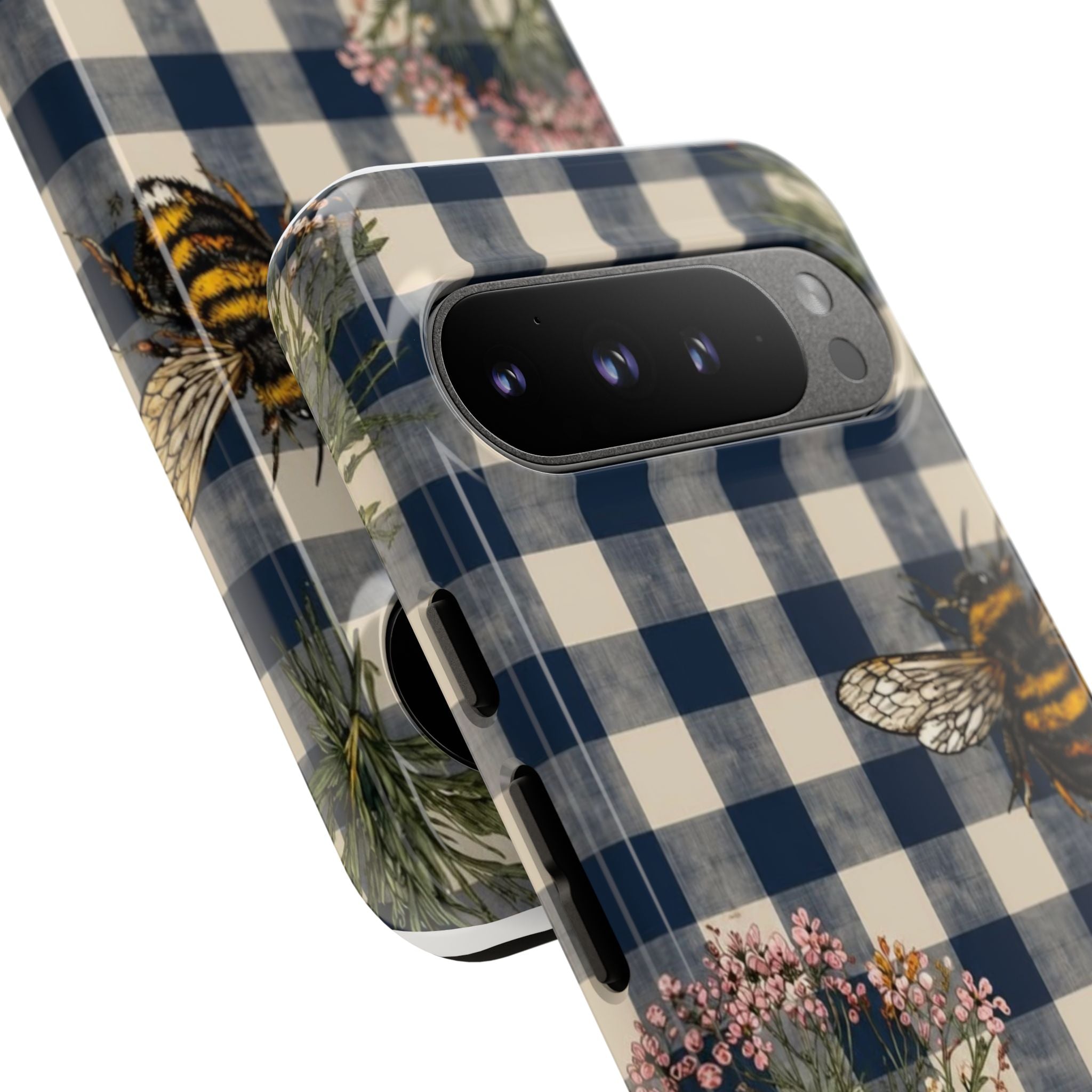 Bee & Wildflower Plaid Phone Case — Navy Buffalo Check Floral iPhone Cover