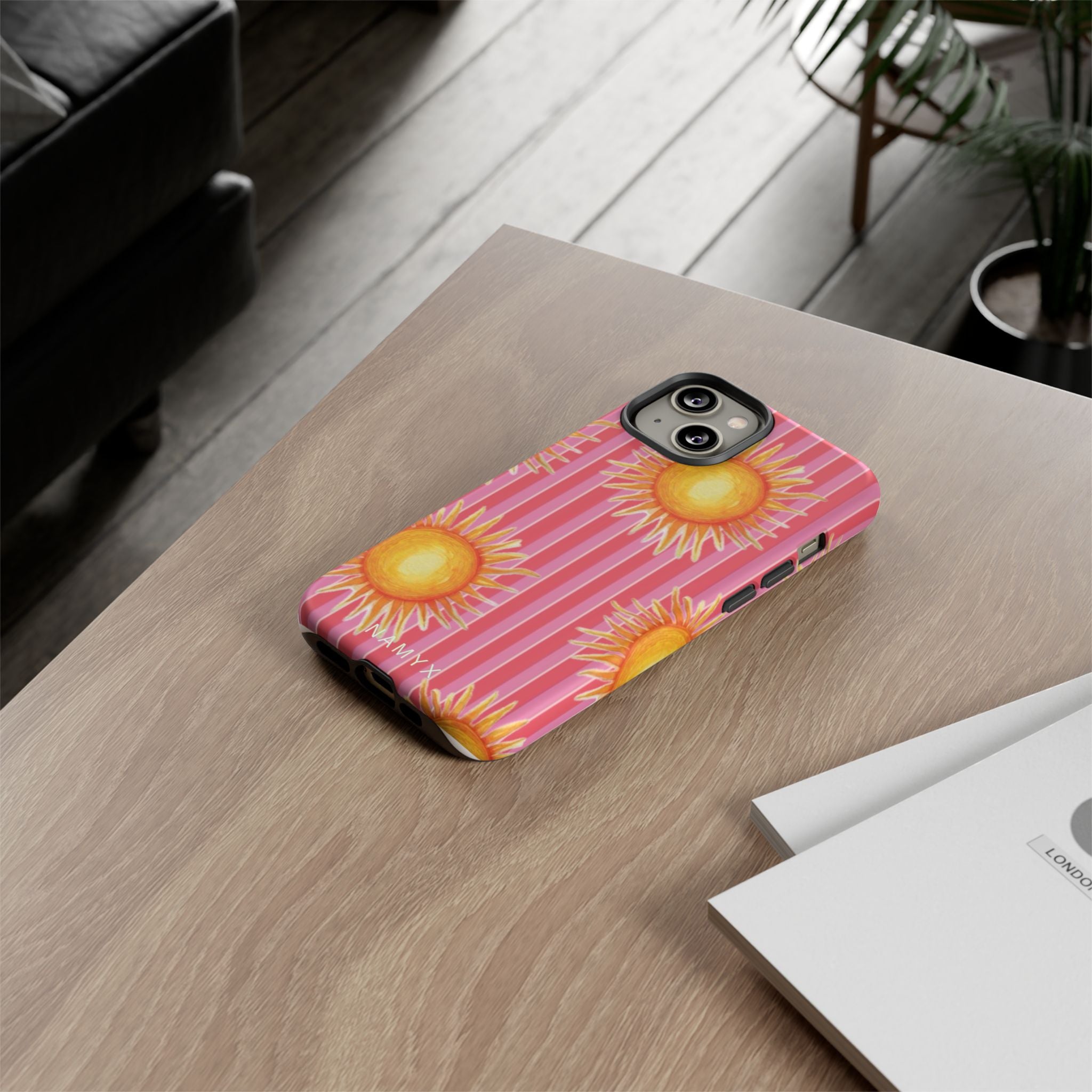 Sunburst Stripe Tough Phone Case — Bright Yellow Sun Pattern on Pink