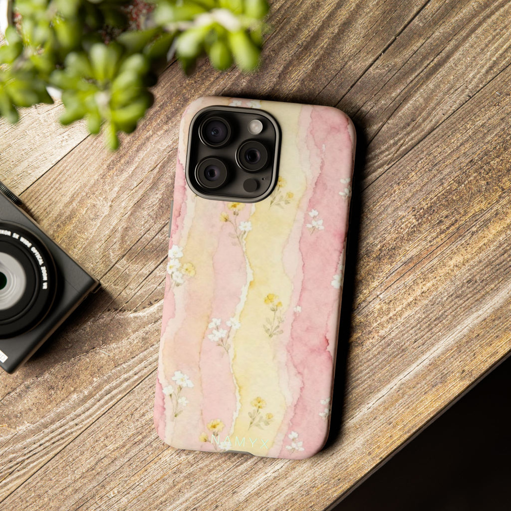 Floral Watercolor Tough Phone Case — Pink & Yellow Daisy Protective Cover