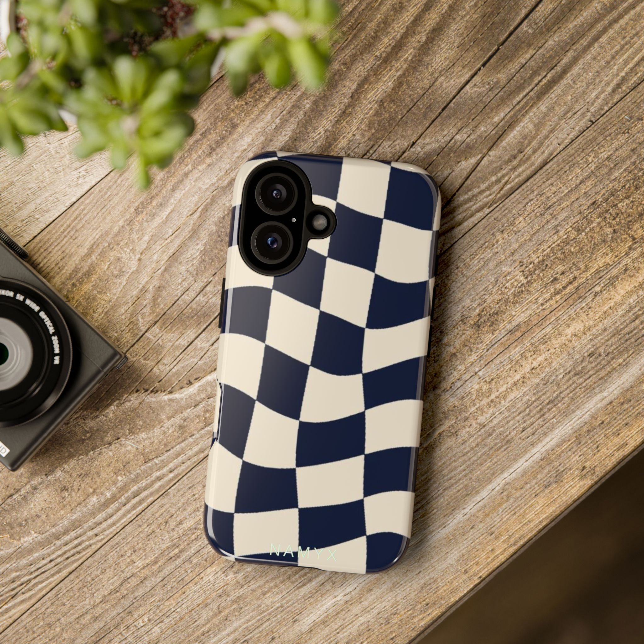 Wavy Checkered Phone Case – Retro Navy Racing Pattern Tough Case