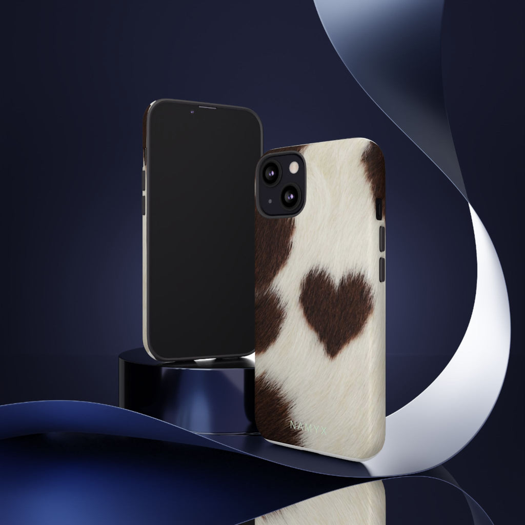 Cowhide Heart Phone Case — Cute Cow Print Protective iPhone Cover